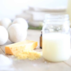 Homemade liquid laundry detergent in a glass mason jar.