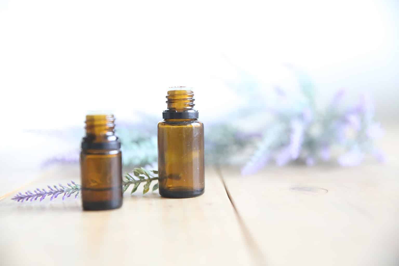 glass amber colored lavender essential oil dropper bottles