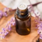 Overhead shot of lavender essential oil bottle and lavender sprigs.