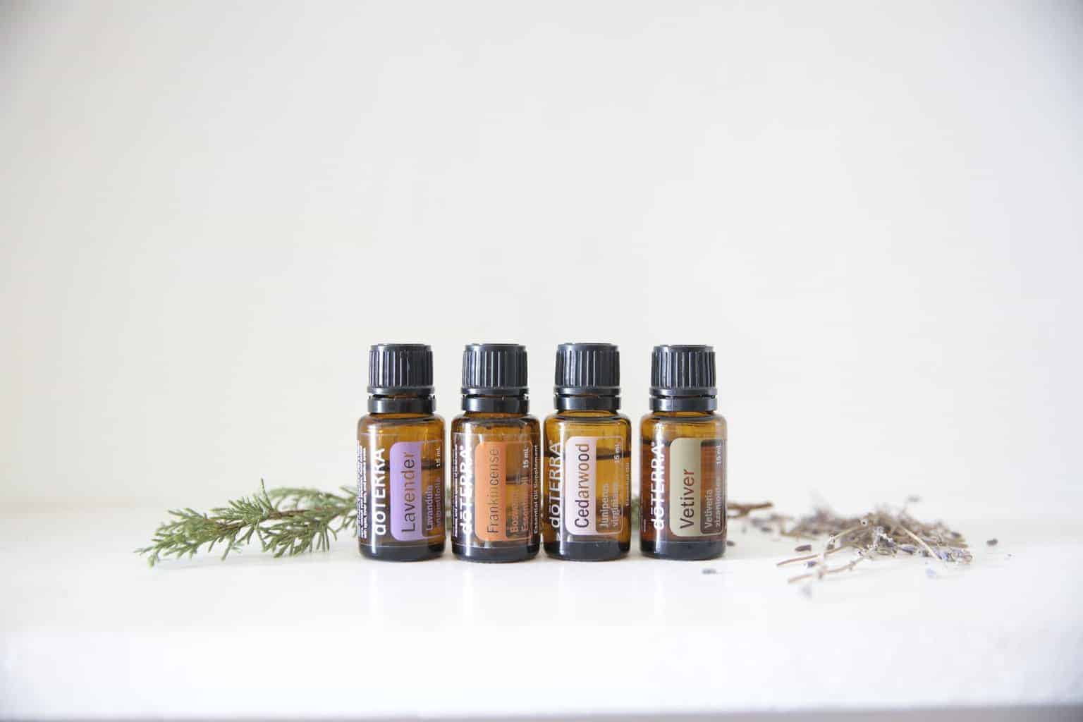 lavender frankincence cedarwood and vetiver oils in 15ml glass bottles