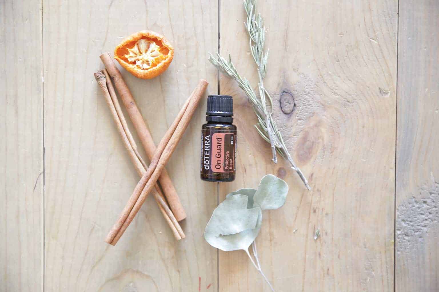 doTERRA on guard essential oil with dried rosemary, cinnamon, orange and eucalyptus. 
