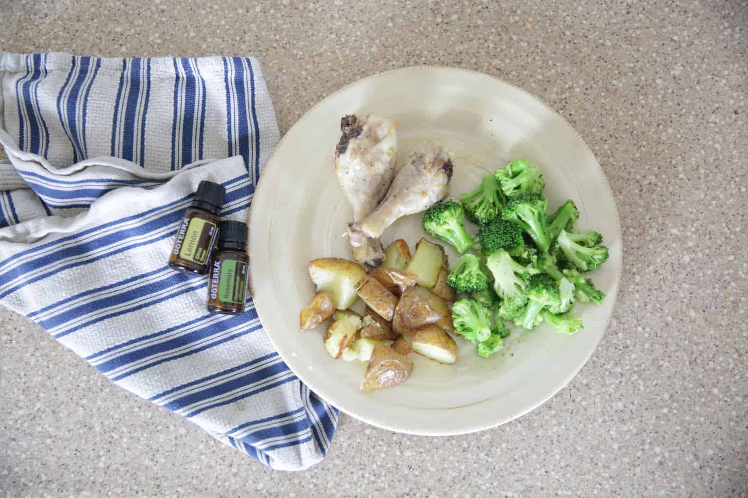 lemon rosemary chicken legs with broccoli and potatoes