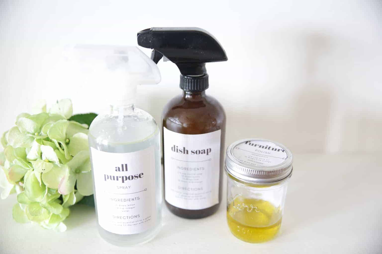 homemade all purpose cleaners in glass spray bottles