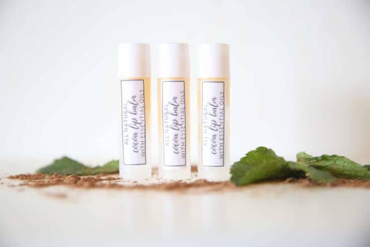 Homemade lip balm in clear tubes with custom labels.