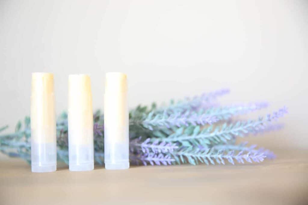 Homemade lip balm cooling in small twist up containers on vanity surrounded by lavender sprigs.