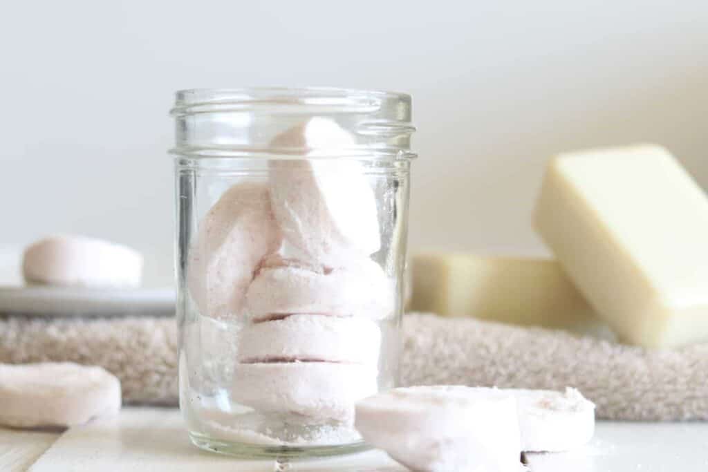 homemade shower melts in glass mason jar.