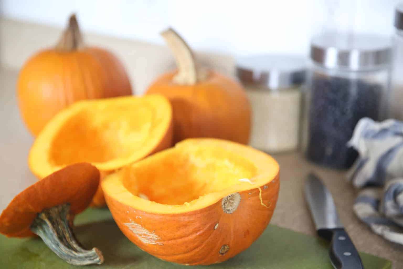 pumpkins halved and insides gutted