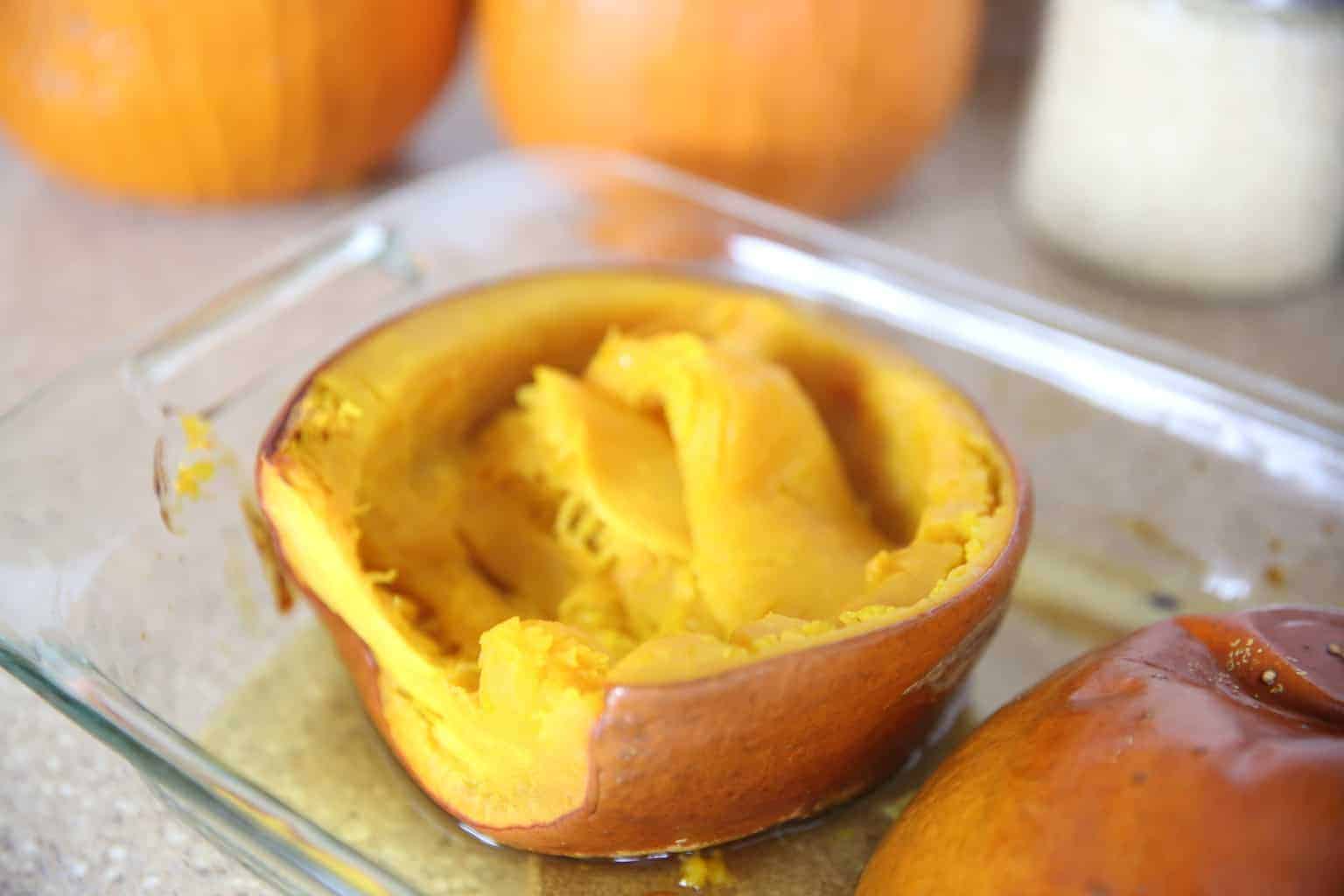 baked pumpkin in glass dish