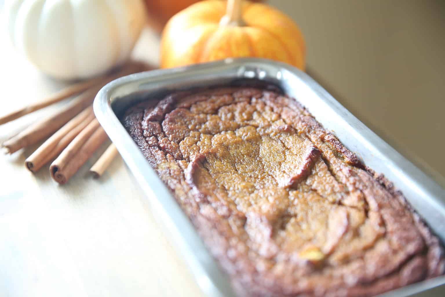 healthy pumpkin bread in a bread pan