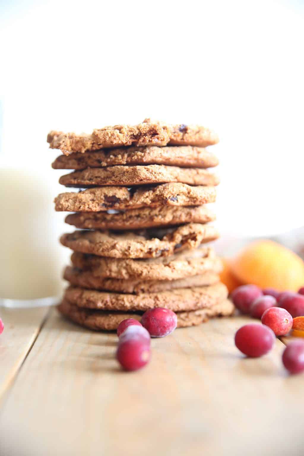 Large stack of healthy cranberry cookies.