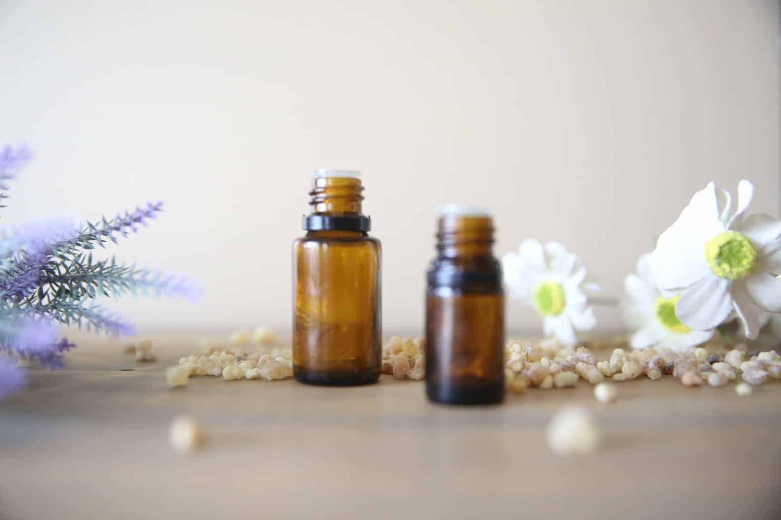 Oil bottles with dried flowers.