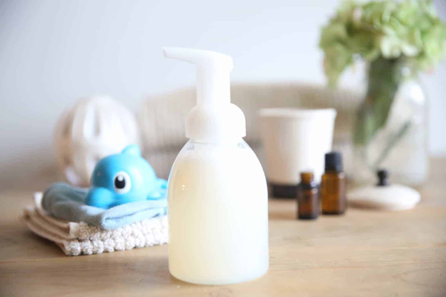 Baby shampoo in a clear foaming dispenser.