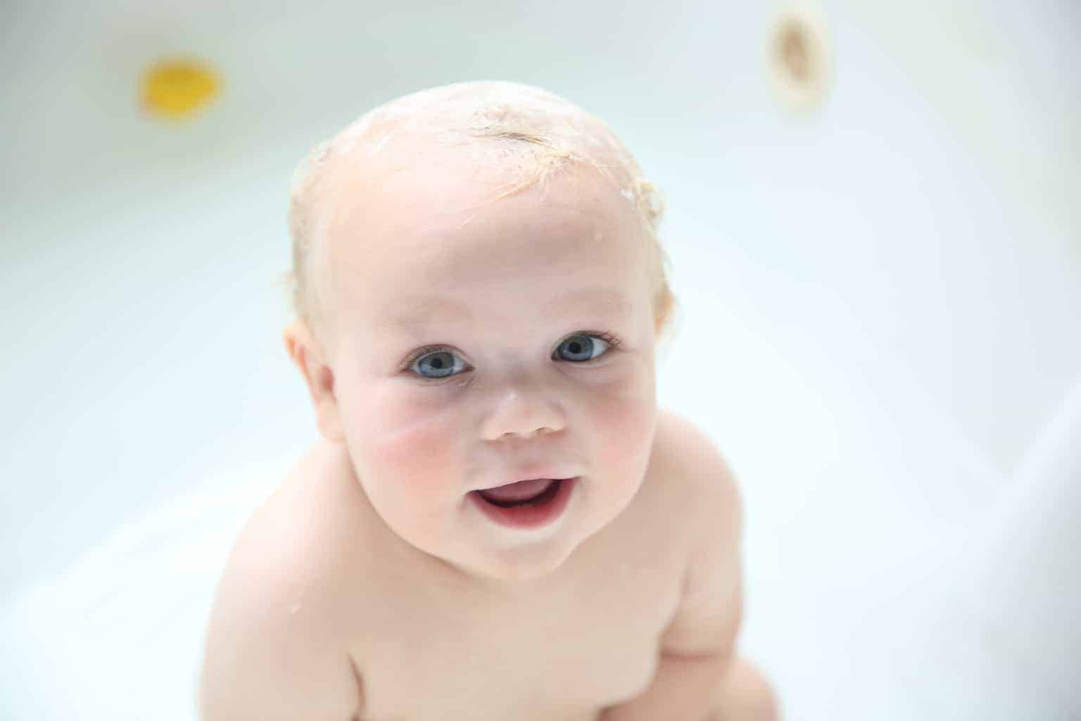 Little baby with DIY baby wash in hair.