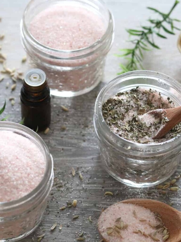 Homemade seasoning salts in a small glass jar.