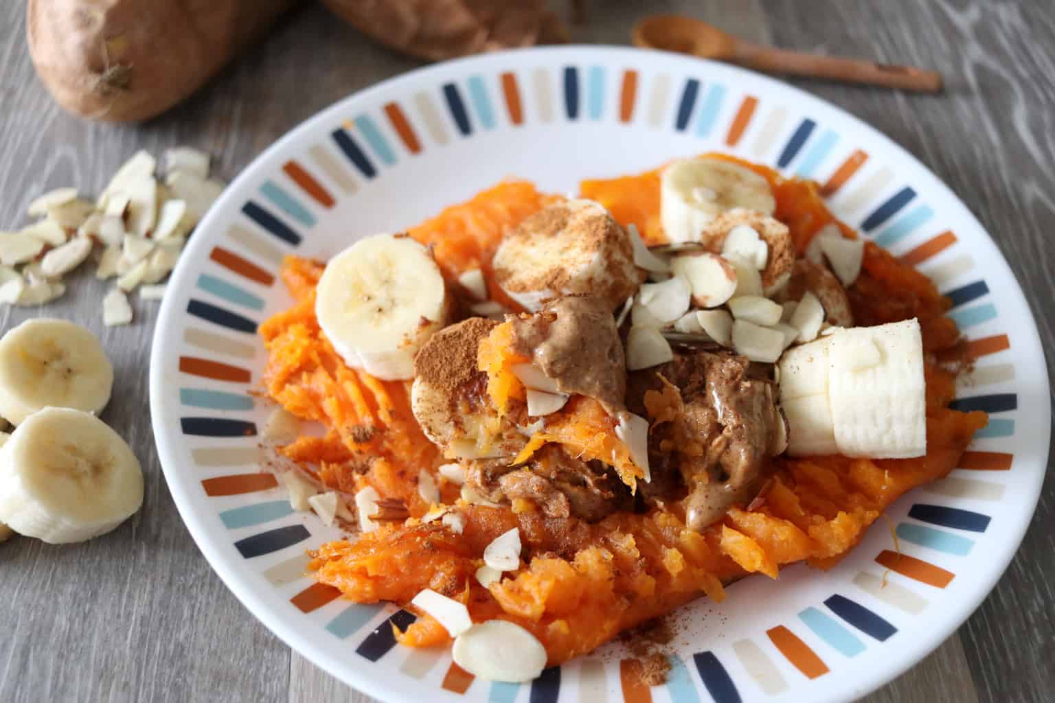 Sweet potato topped with sliced bananas and chopped nuts.