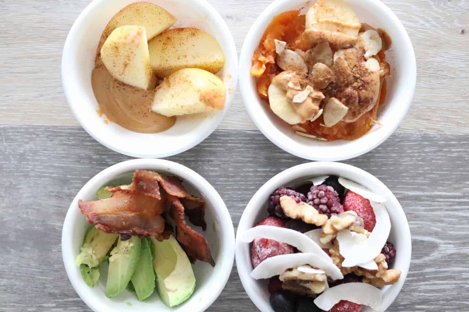 Healthy snacks in white bowls.