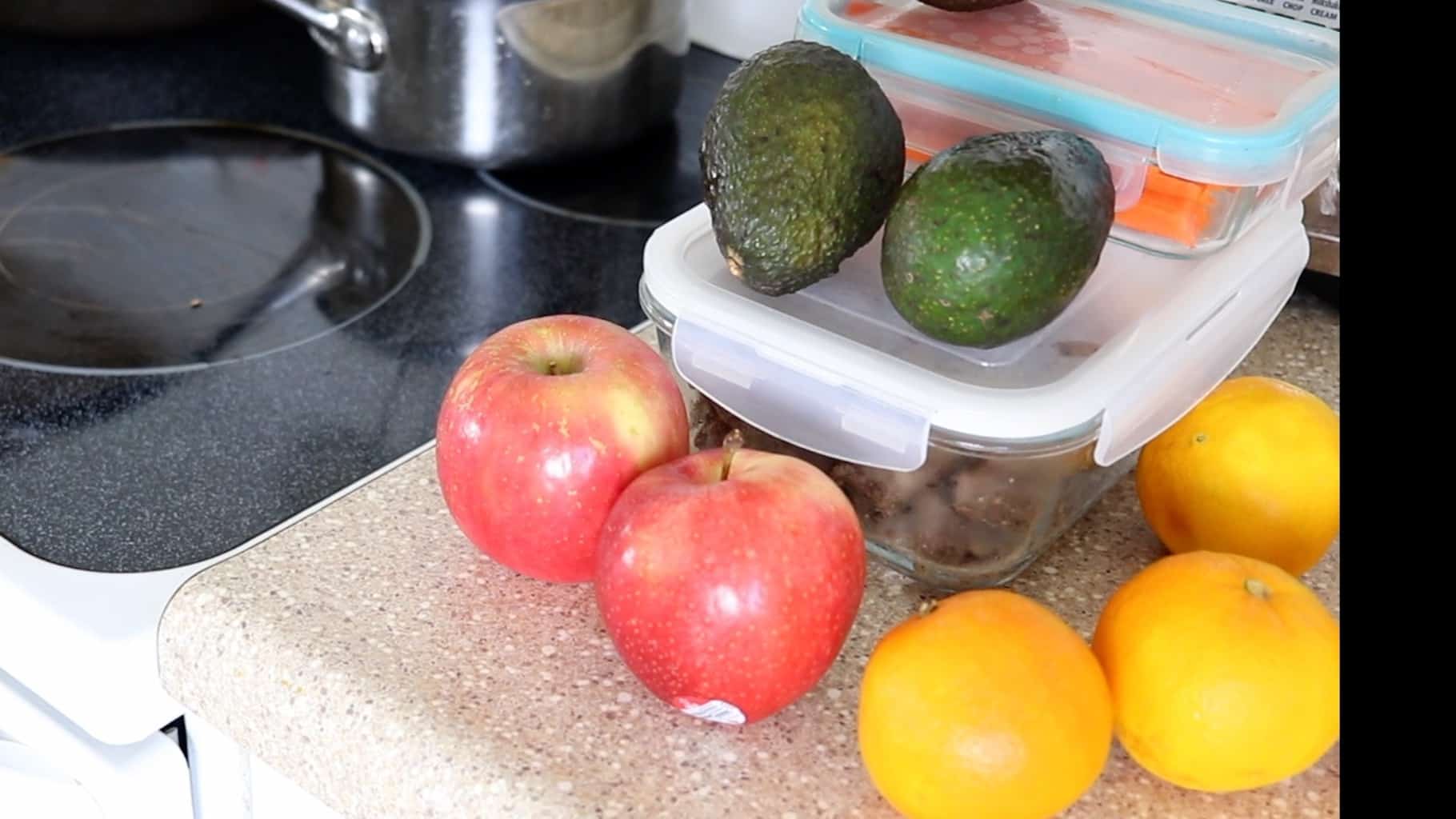 Packed lunch with fresh fruit.