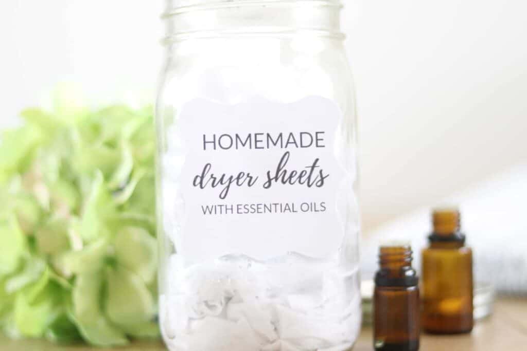 DIY dryer sheets in reusable glass container.