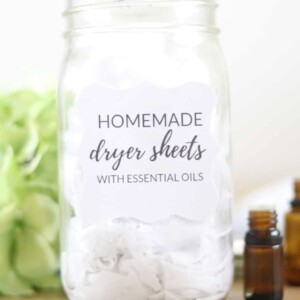 DIY dryer sheets in reusable glass container.