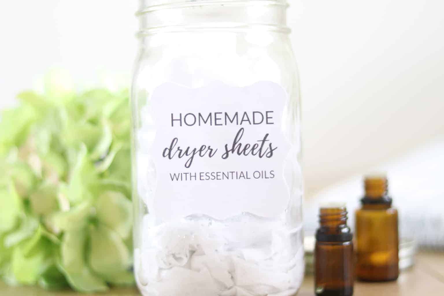DIY dryer sheets in reusable glass container.