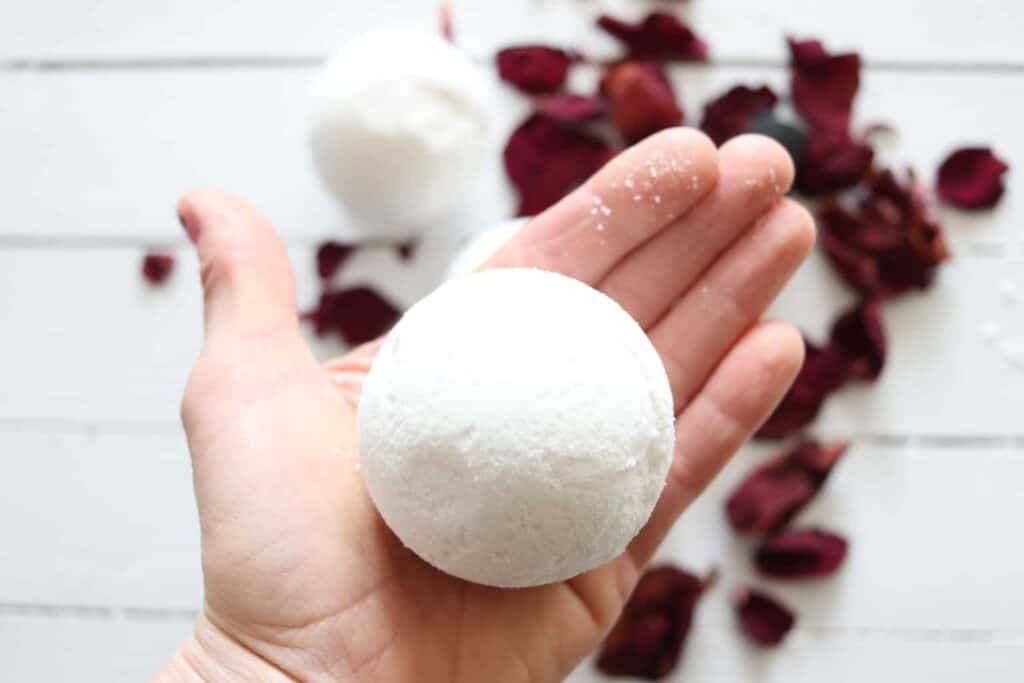 A simple white bath bomb with relaxing fragrances.