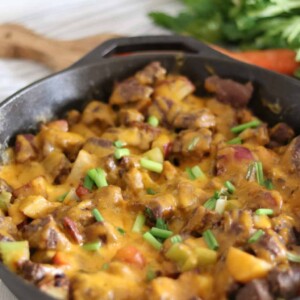 Sharp cheddar cheese, deer steak, red potatoes, carrots, celery, and onion one dish healthy meal recipe.