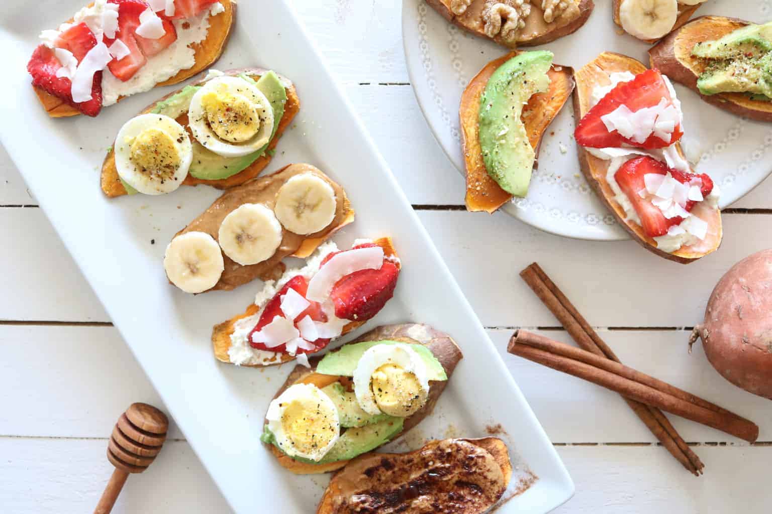 Sweet and savory sweet potato toast on white glass tray.