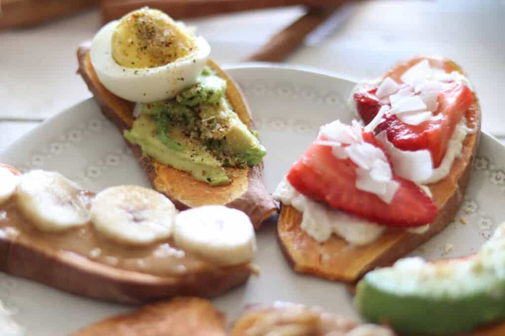 Several different meal ideas using sweet potatoes including a egg, banana and an avocado.