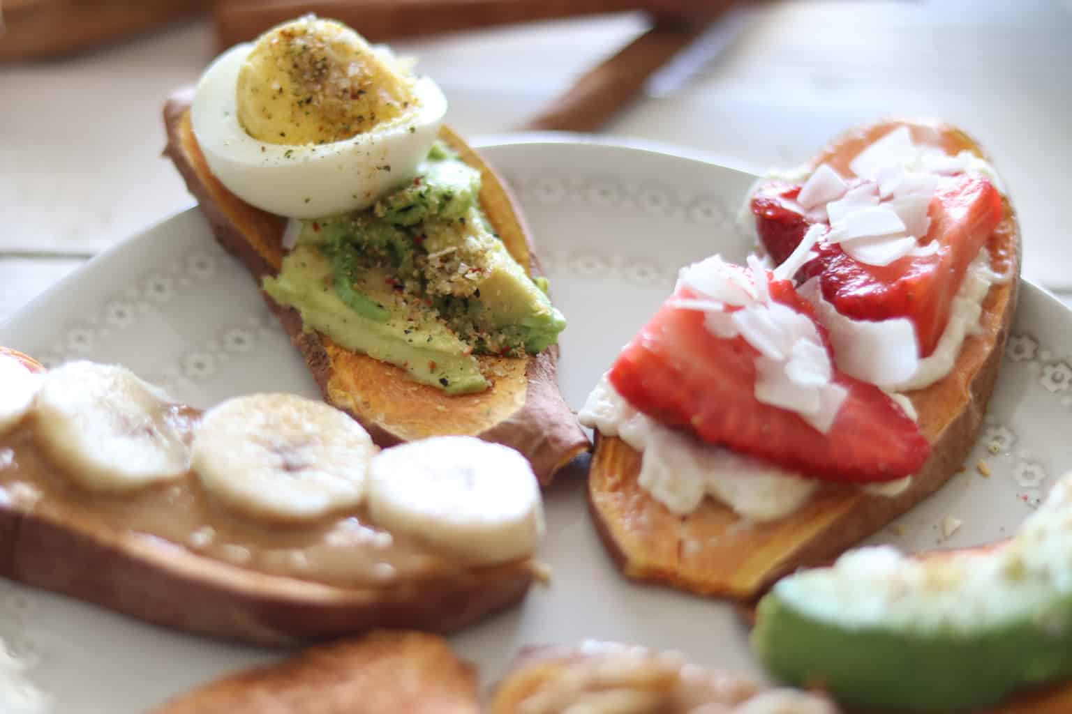 Sweet potato toast with topping on white plate.