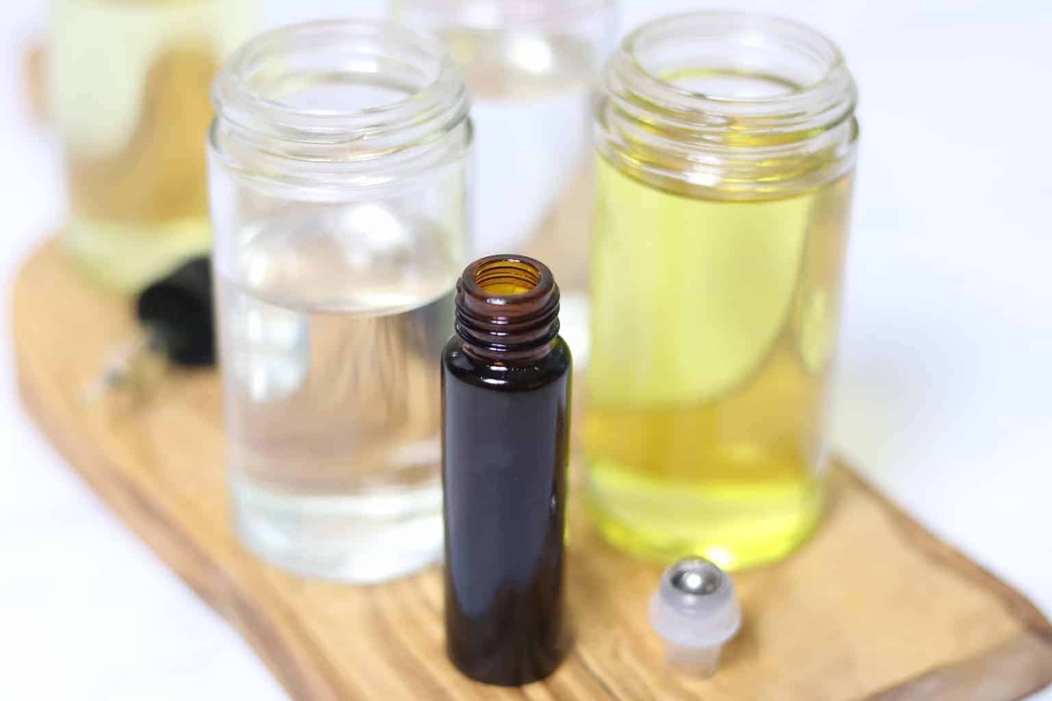 Essential oil roller bottle with carrier oils.