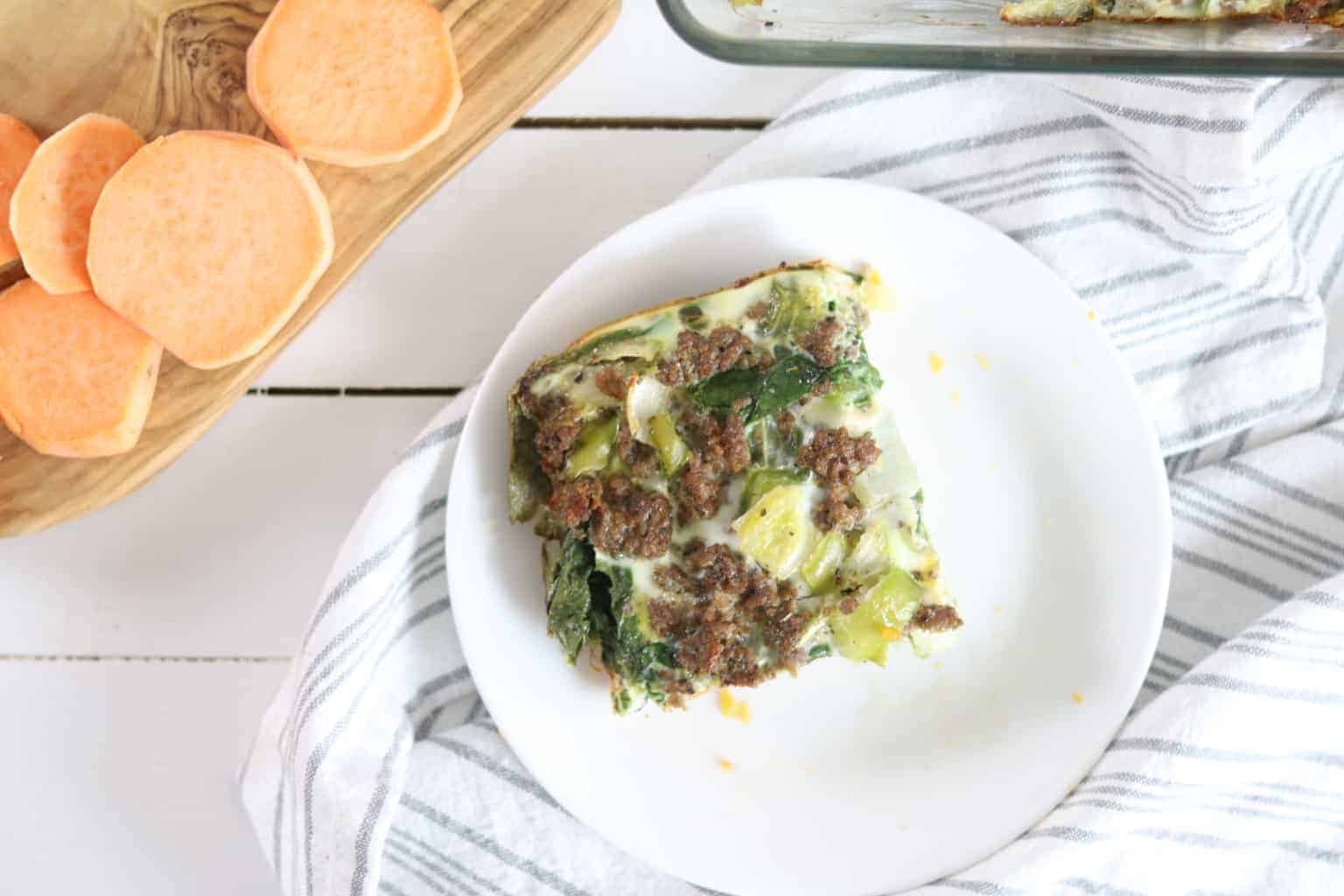 Healthy sweet potato casserole with breakfast sausage.