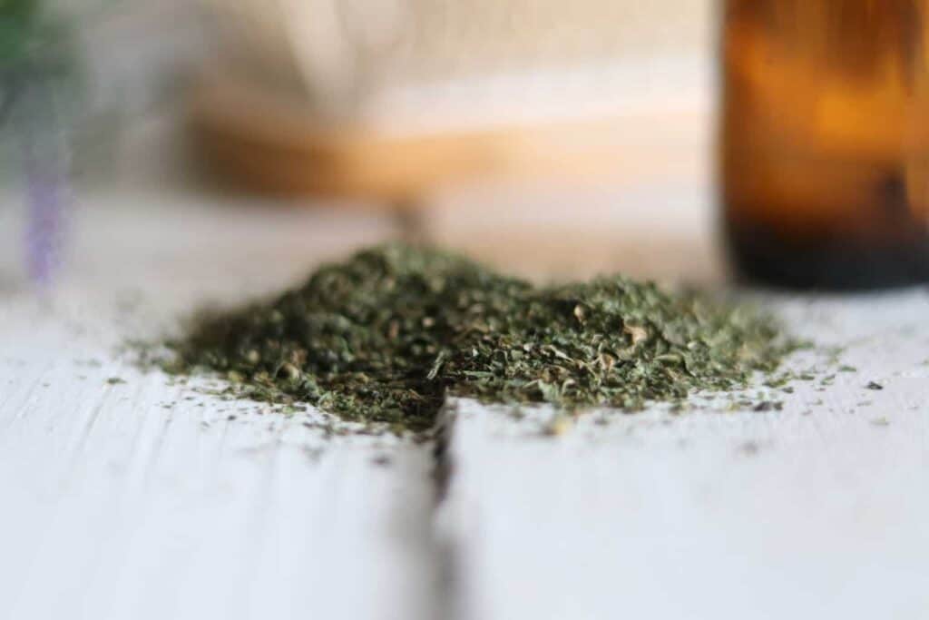 A small pile of nettle ready to be place in boiling water to make homemade hair serum.