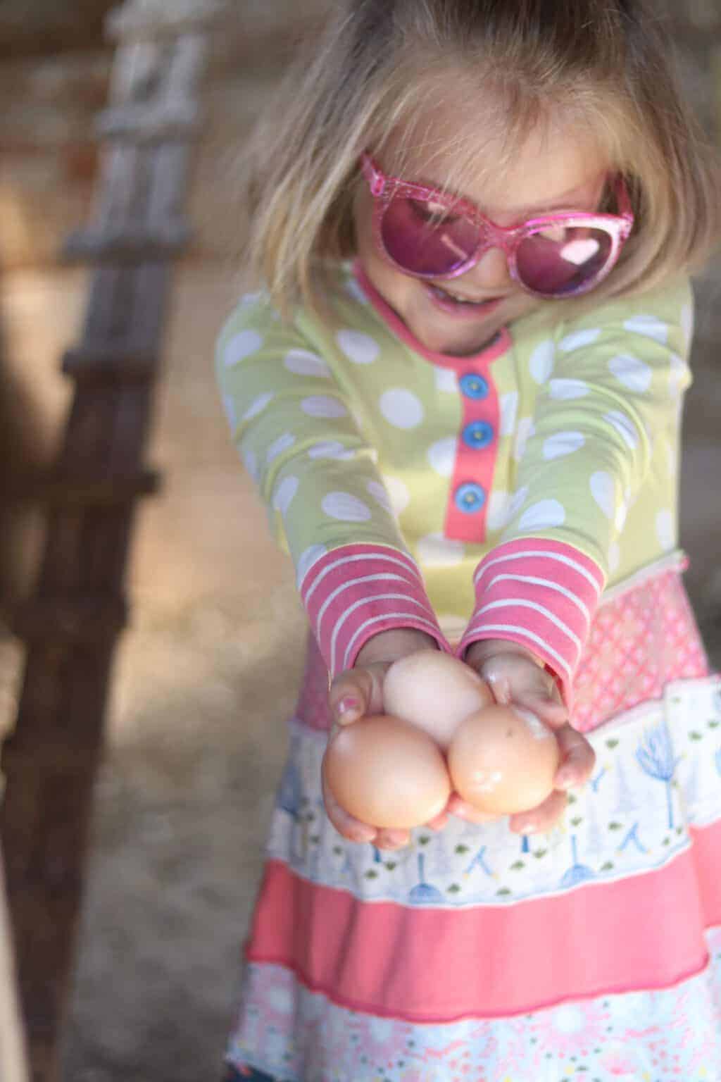 Little girl in dress holding farm fresh eggs.