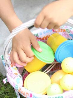 Easter Morning Basket filled with playdough and plastic eggs.