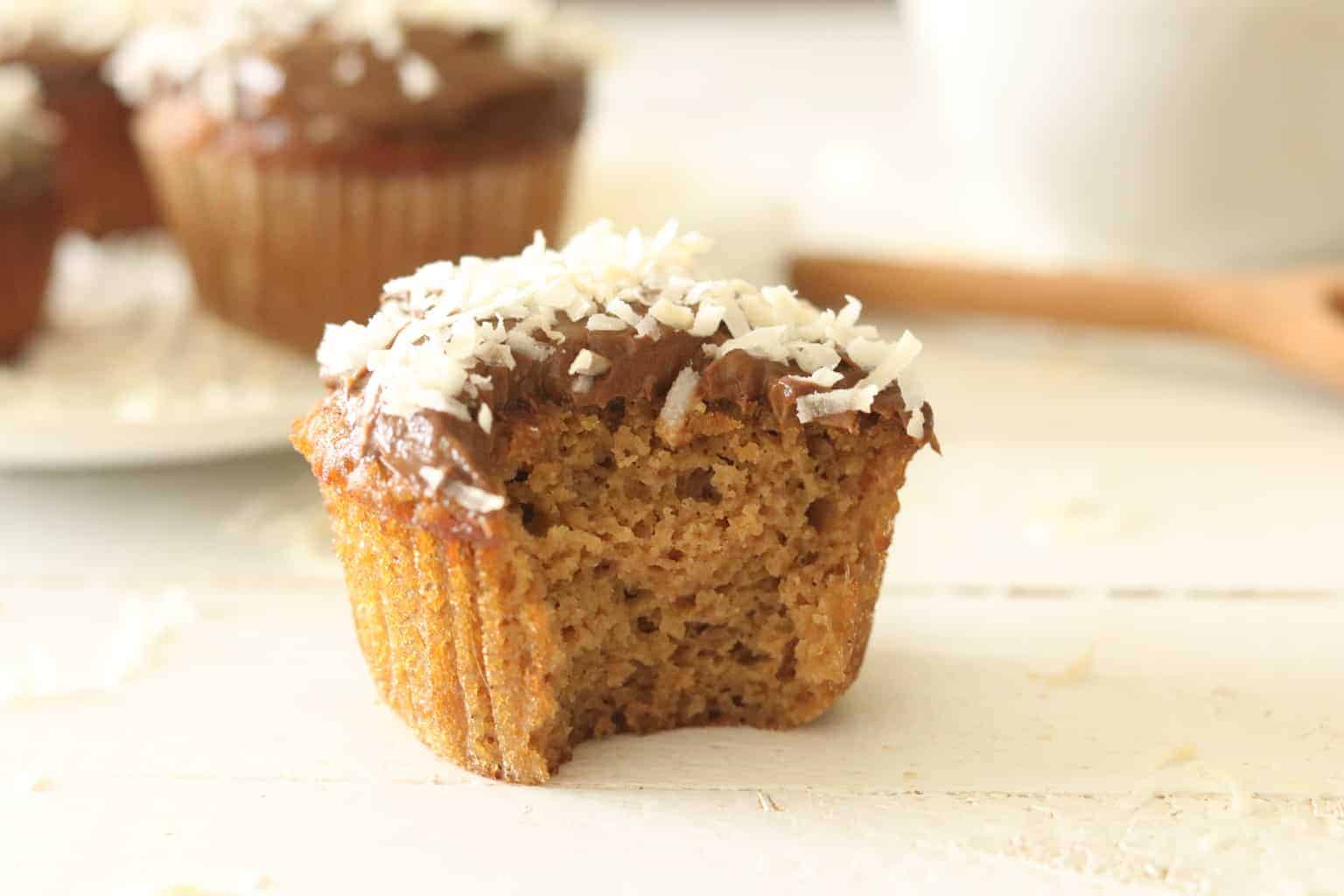 Vanilla cupcake with chocolate frosting topped with coconut.