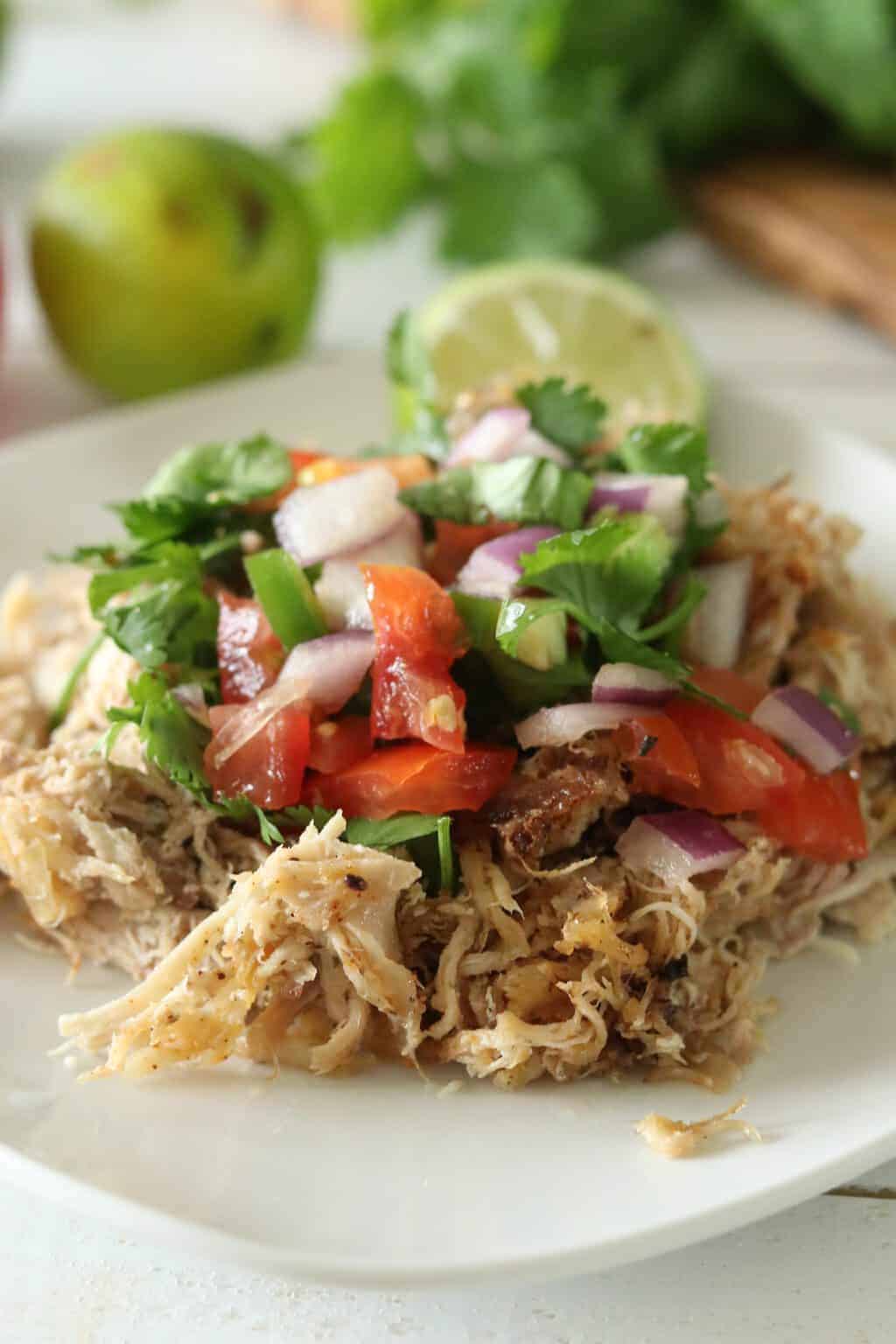 Mexican chicken with pico de gallo on white plate.