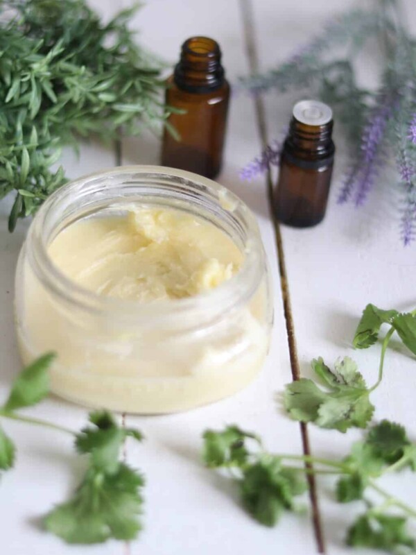 A jar of completed whipped body butter.