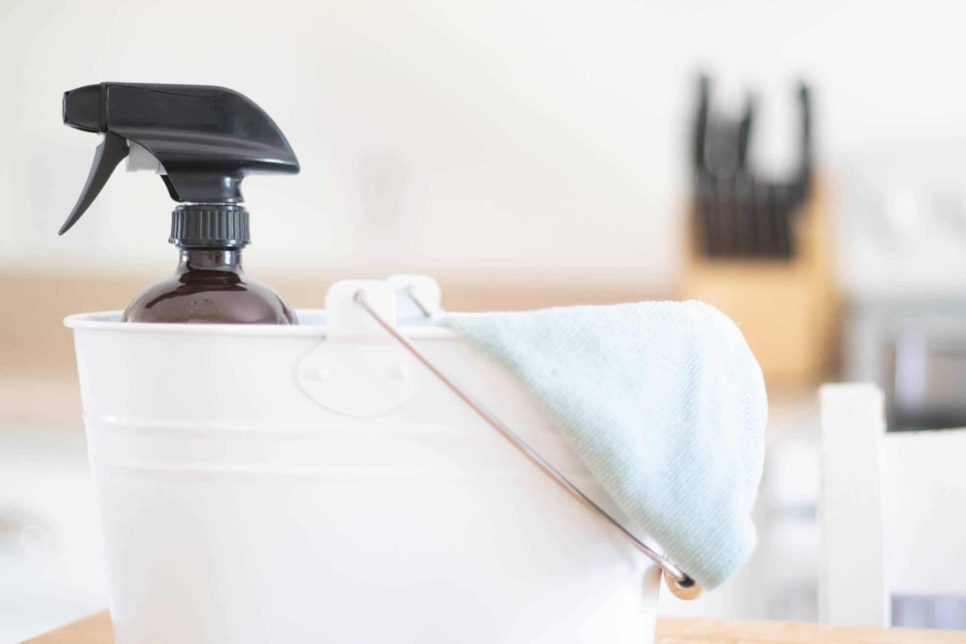 White cleaning caddy with spray bottle and blue cloth sitting on kitchen table.