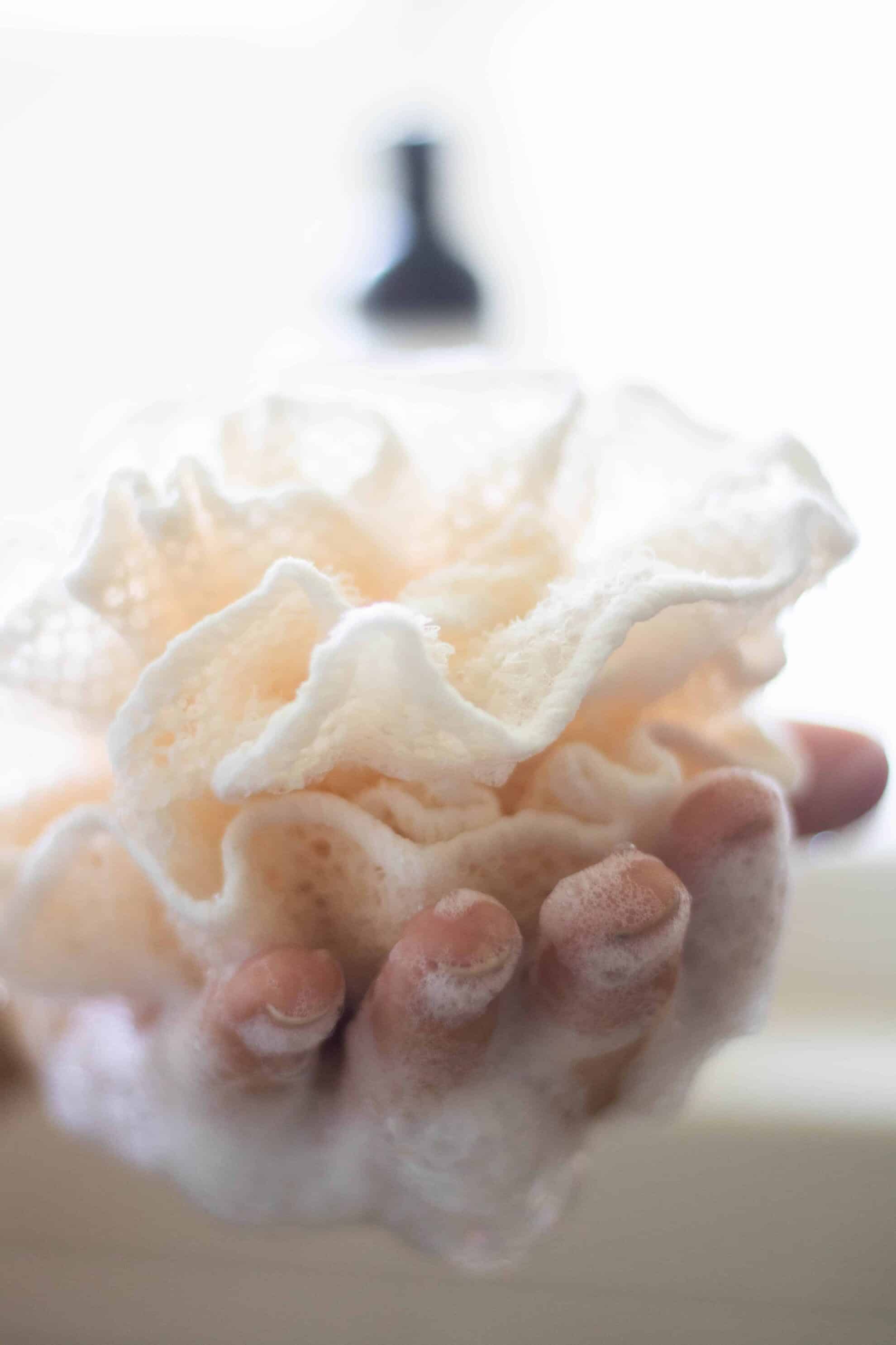 Soapy hand holding shower scrubber.