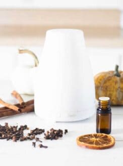 Diffusing fall oils in clear essential oils diffuser with dried orange slices and cinnamon sticks.