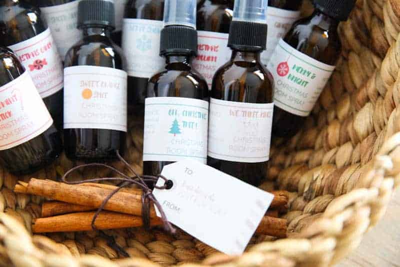 Basket of essential oil room sprays for the Christmas.