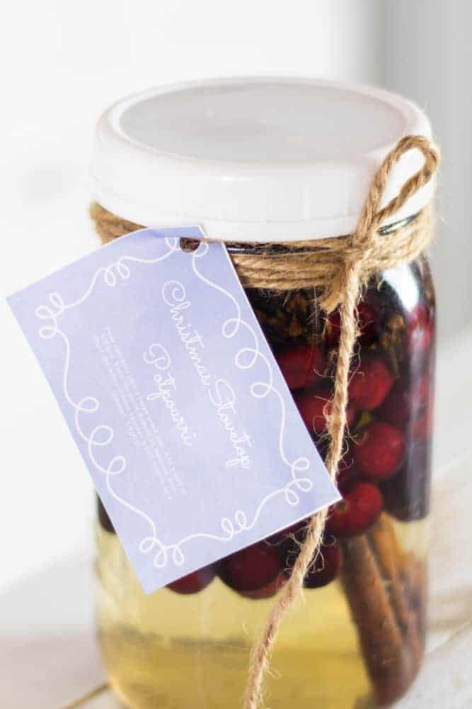 Homemade stovetop potpourri with custom gift tag.