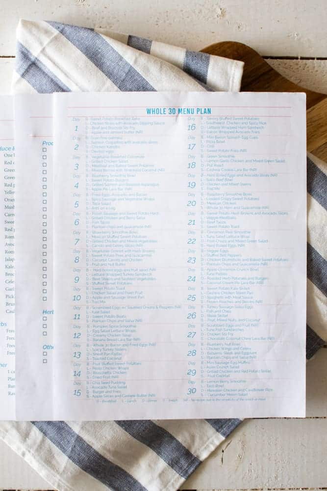 Menu plans laying on white and blue tea towel.