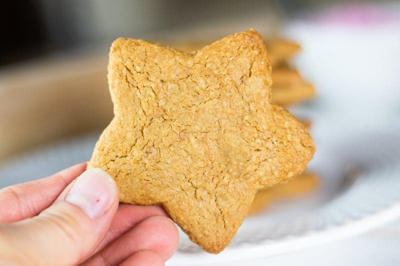 Hand holding star shaped coconut sugar cookie.
