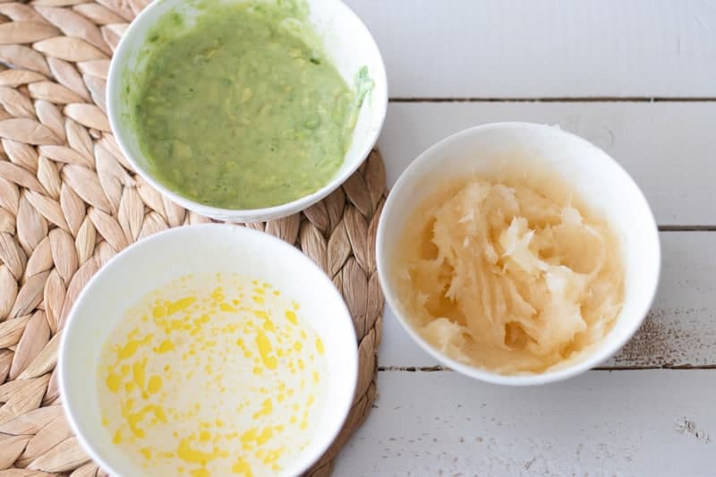 3 DIY hair mask formulas in white bowls.