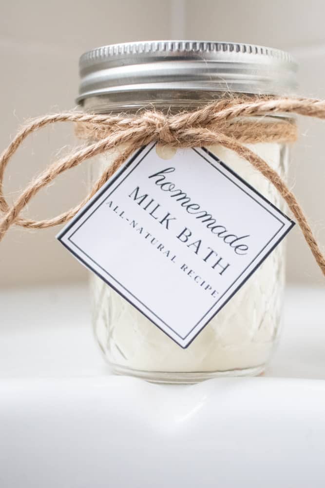 homemade milk bath in mason jar with printable gift tag