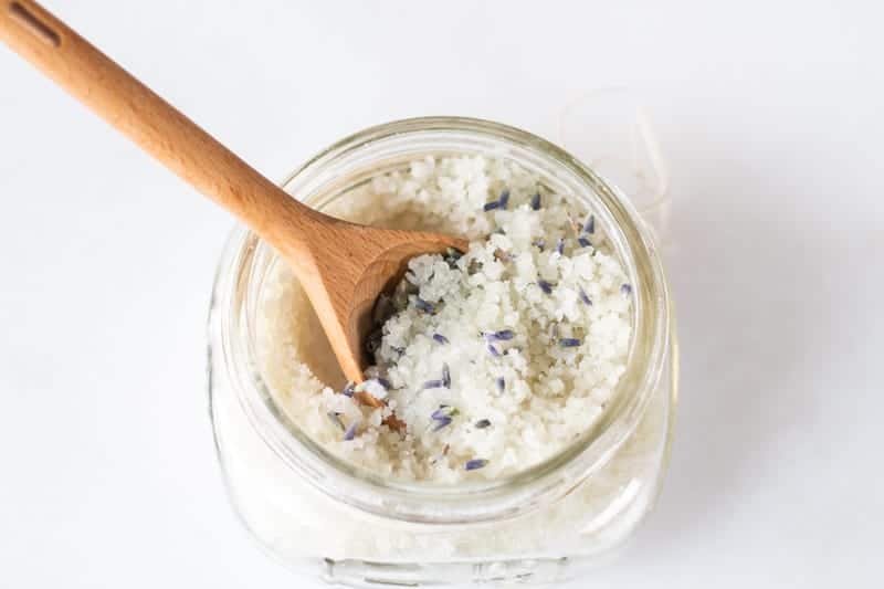 Epsom Salt with lavender buds in small mason jar