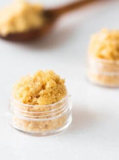 Brown sugar lip scrub in small container.