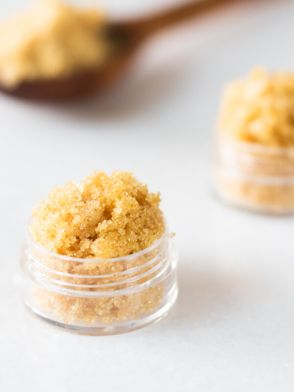Brown sugar lip scrub in small container.