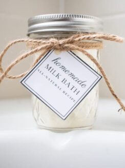 jar of powdered milk bath with gift tag